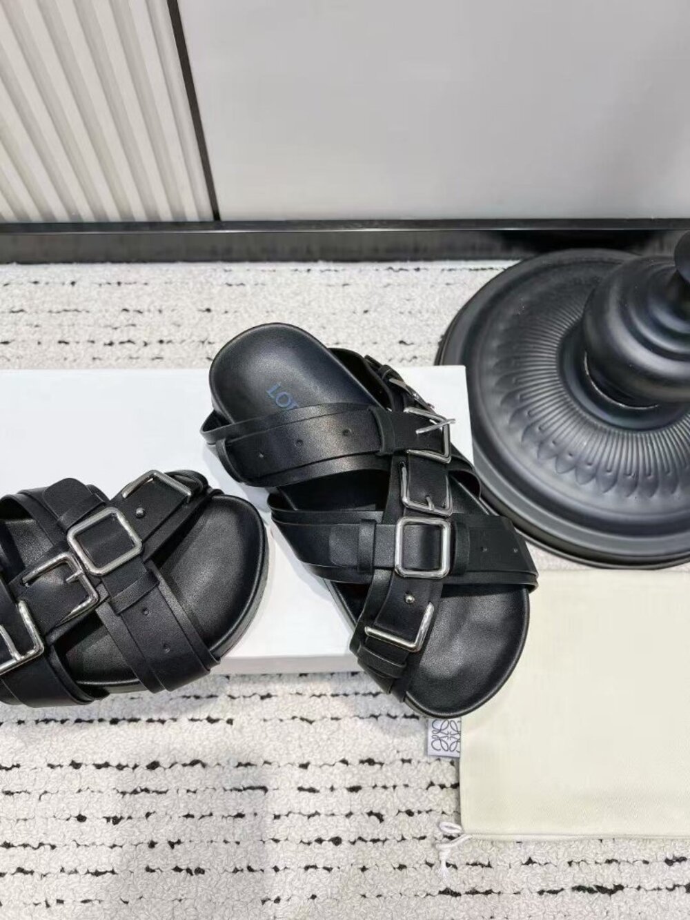Loewe Black Leather Multi‑Strap Crisscross Buckle Slide Sandals - Picture 4 of 9